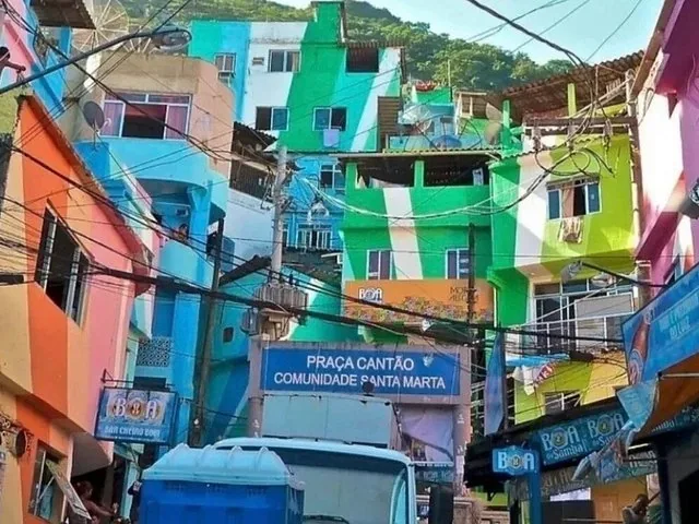 Colorful buildings at Praça Cantão in Favela Santa Marta, Rio de Janeiro.